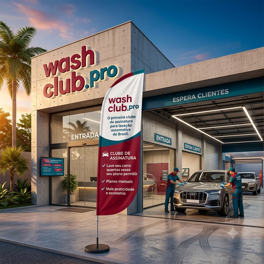Lavação automotiva com wind banner e materiais de divulgação do WashClub.pro