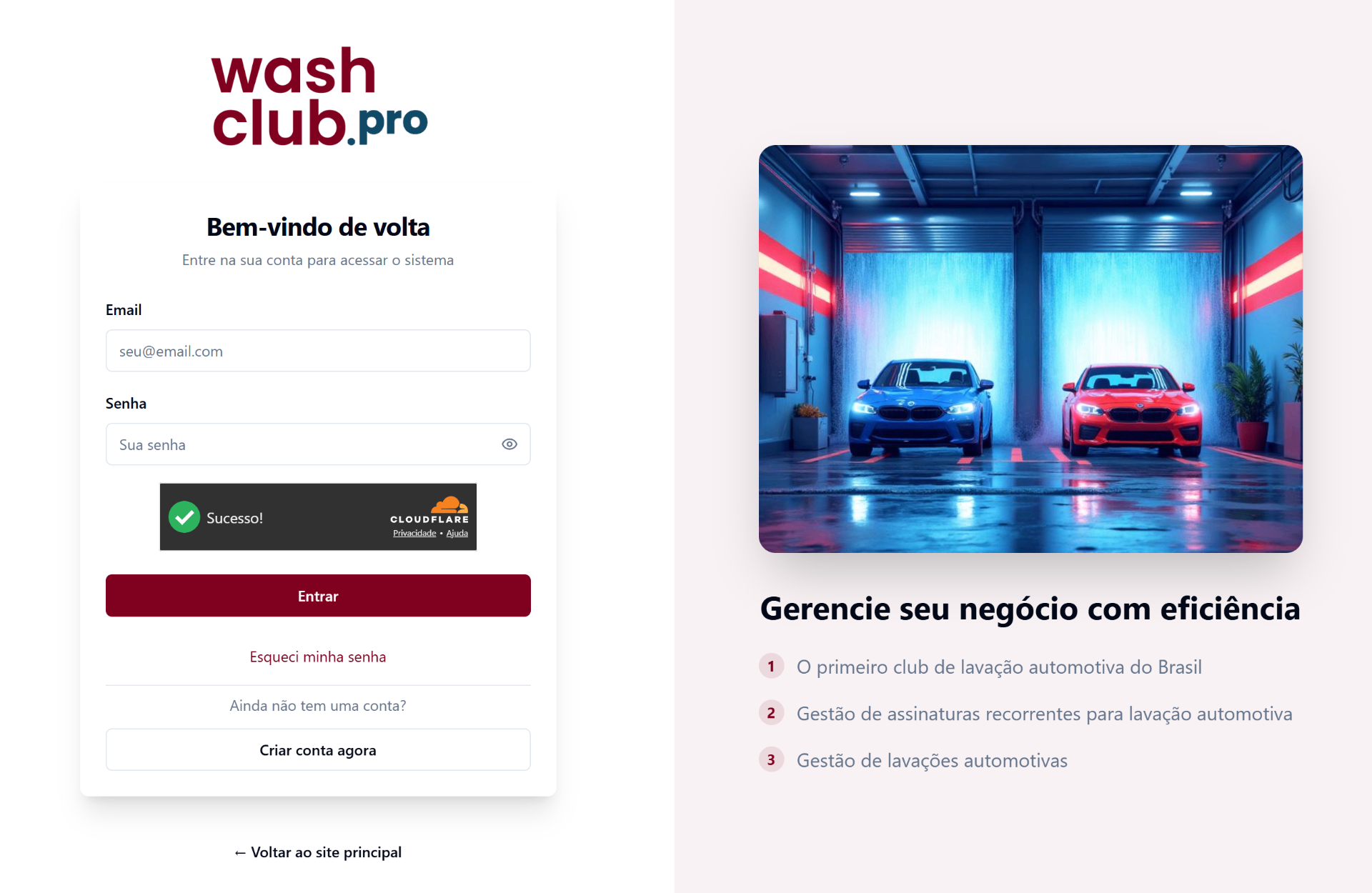 Tela de login do sistema WashClub.pro